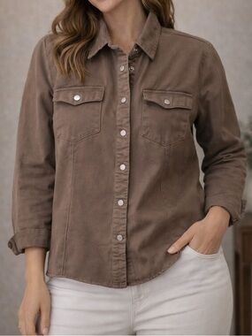Classic Women's Button-Front Utility Jacket or Simple Button Up Shirt - Brown